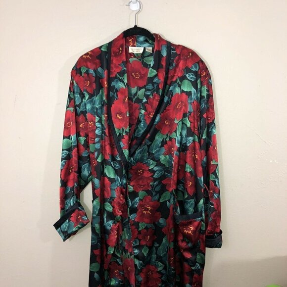 Vintage VICTORIA’S SECRET Long Robe Black Vibrant Red Flowers Satin Sz S - Picture 2 of 11